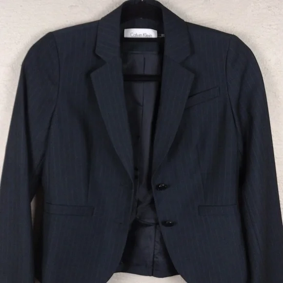 Calvin Klein Black Pinstripe One Notch Two Button Front Long Sleeve Crop Blazer - Picture 5 of 13